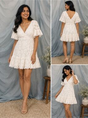 Indikah - Lace V-Neck White Mini Dress with Flared Sleeves